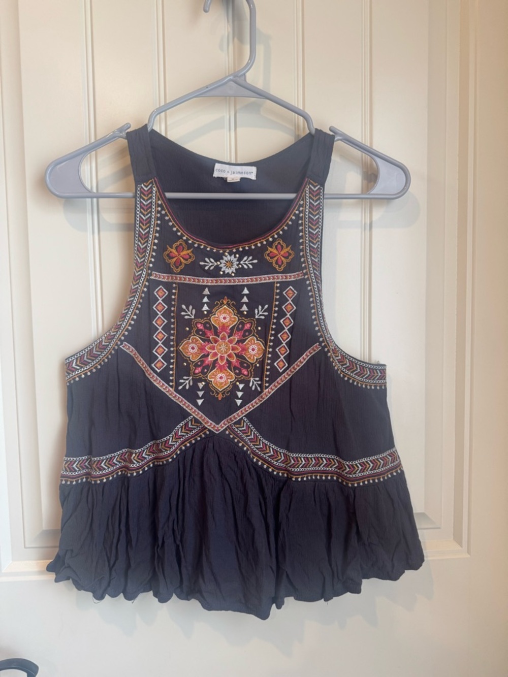 Coco & Jaimeson Embroidered charcoal Boho Tank Top